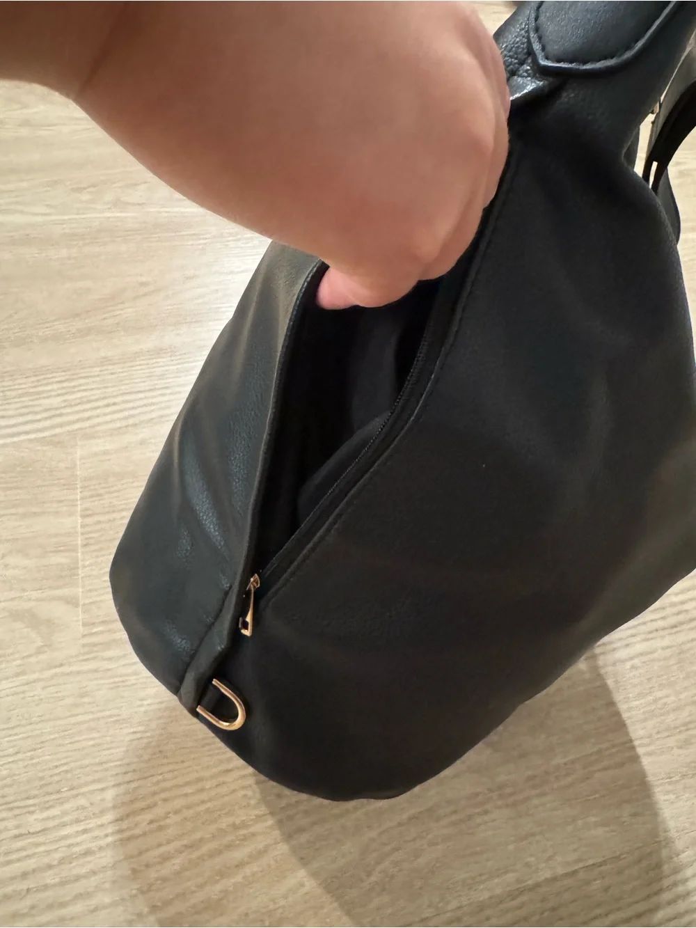 a new day Black Pebbled Leather Hobo with Gold Hardware